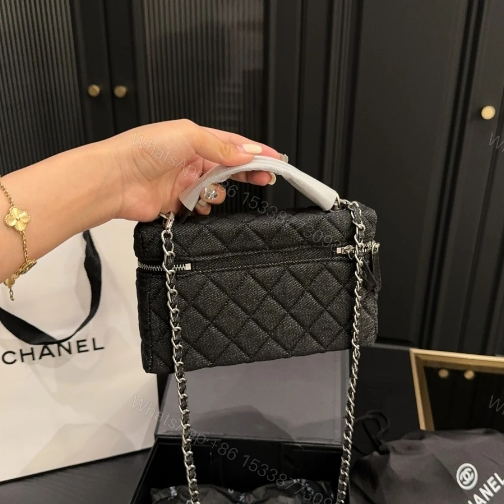 View 9 of Chanel Classic Vanity With Chain Silver Tone Denim Black 19cm