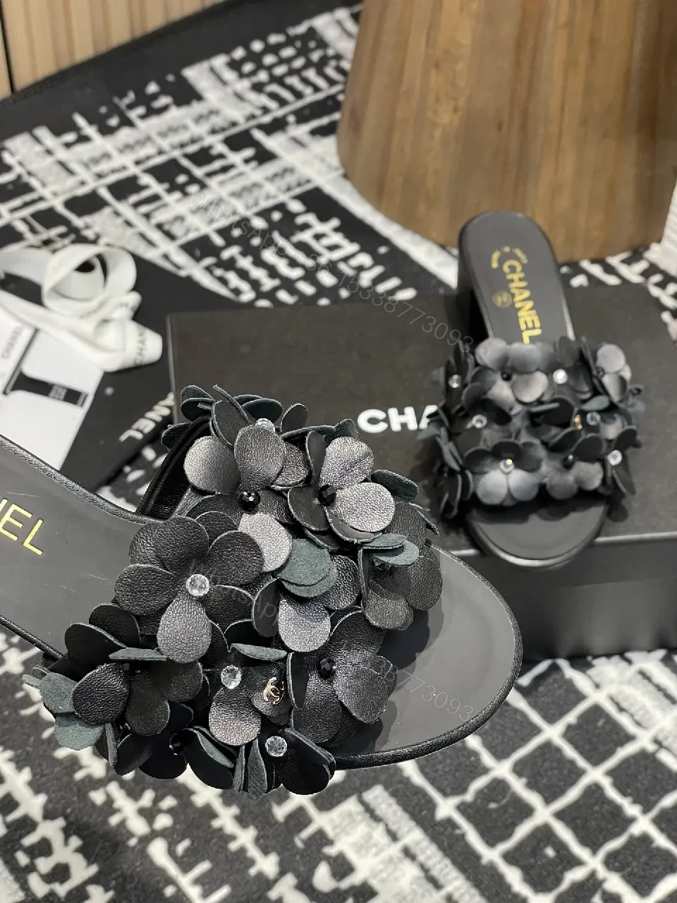 View 9 of Floral-Embellished Black Block-Heel Sandals