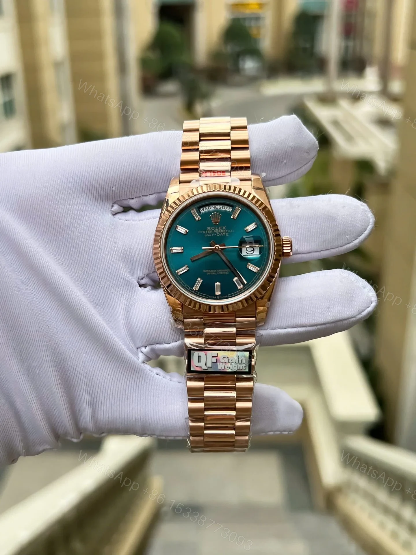 View 2 of Superclone Rolex Day-Date Blue-Green Diamond Dial 128235-0085 36 mm