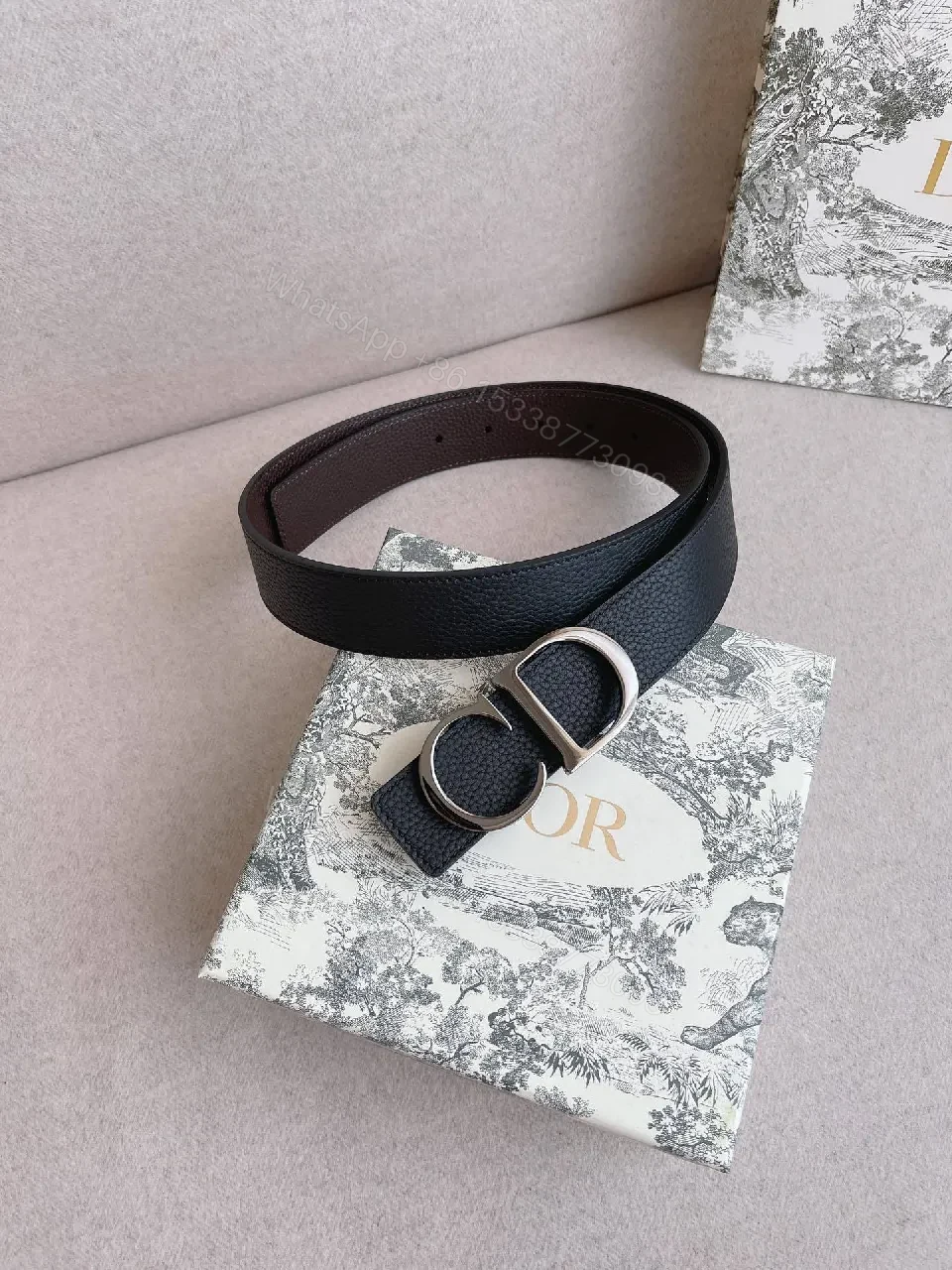 View 8 of Black Leather Belt, Double-Hardware Buckle, Slim Style Belt