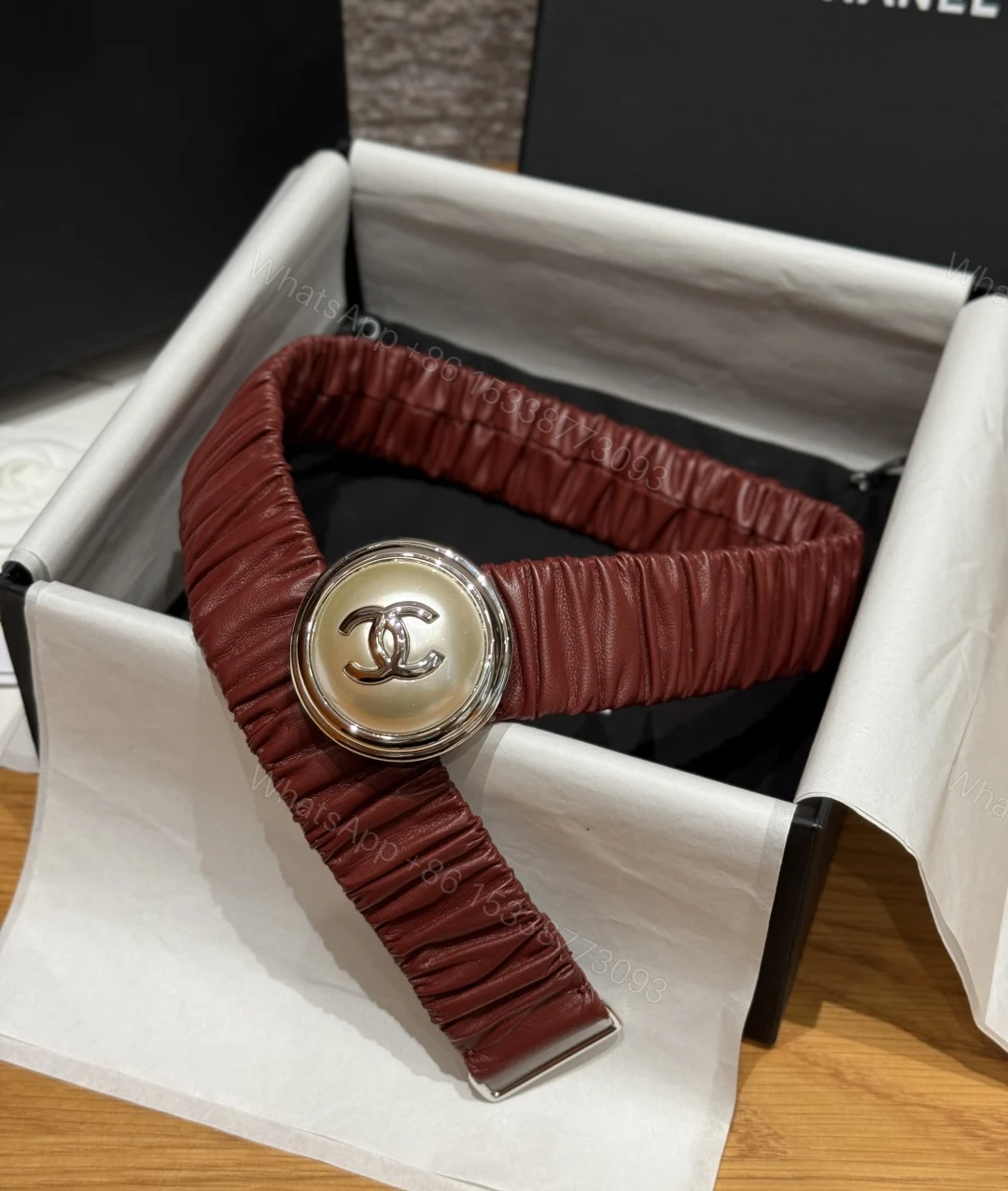 CHANEL 一比一 女款 酒紅色雙C彈力皮帶 時尚精品腰帶 — view 1