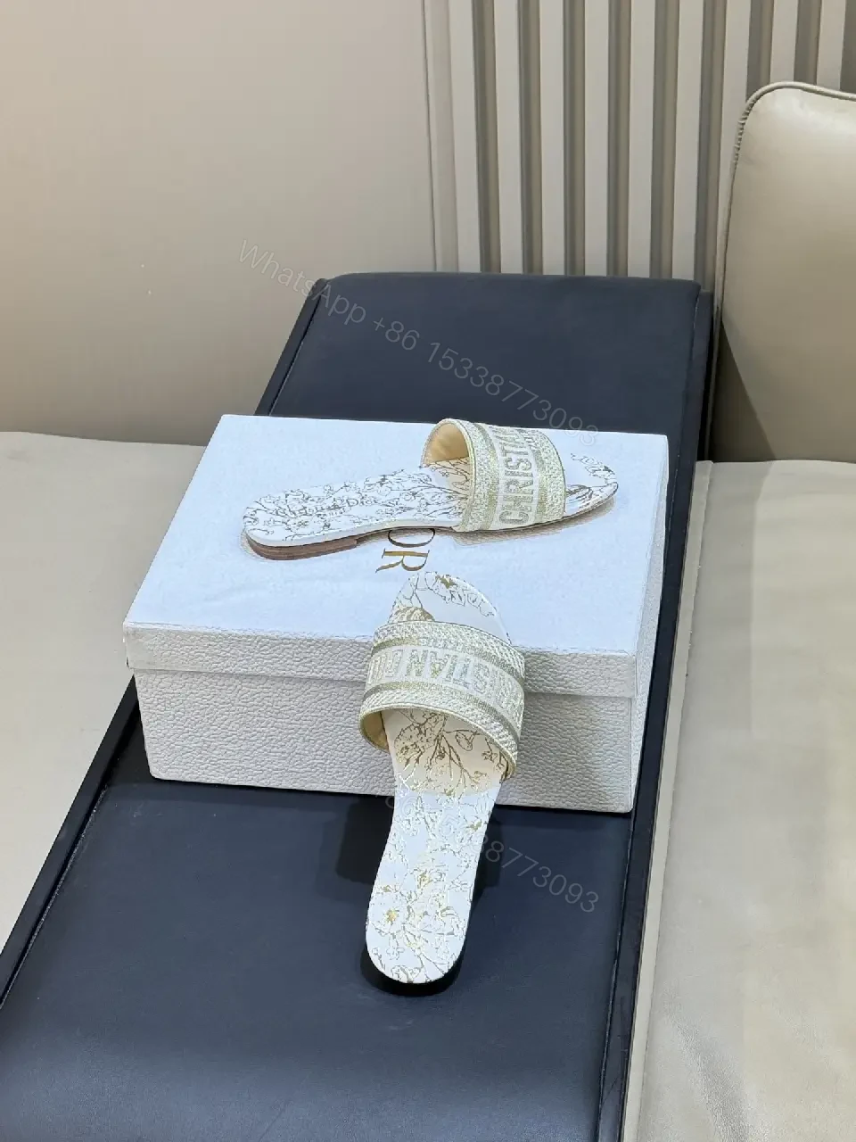 View 3 of White Leather Christian Dior-Style Sandals Slide Shoes