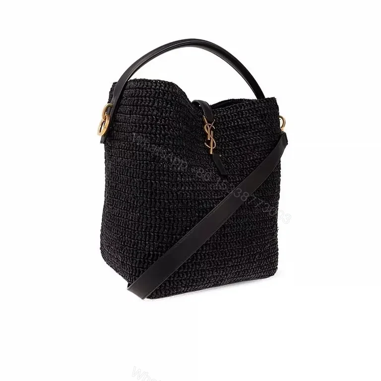 View 5 of Chic Black Woven Bucket Bag with Gold YSL Accent