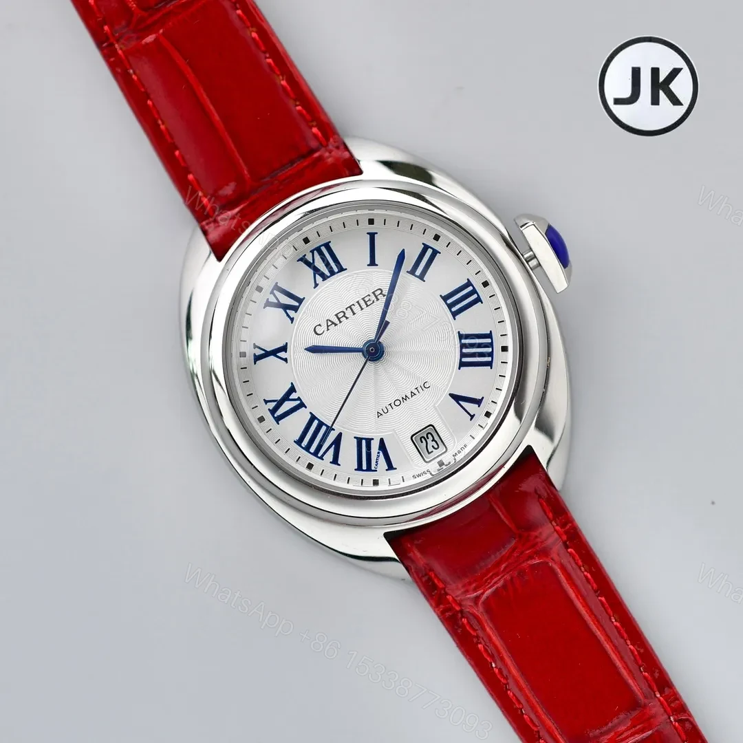 View 3 of V9 Factory Cartier CLE DE Cartier Automatic Watch – Silver Dial, Blue Hands, Red Leather Strap