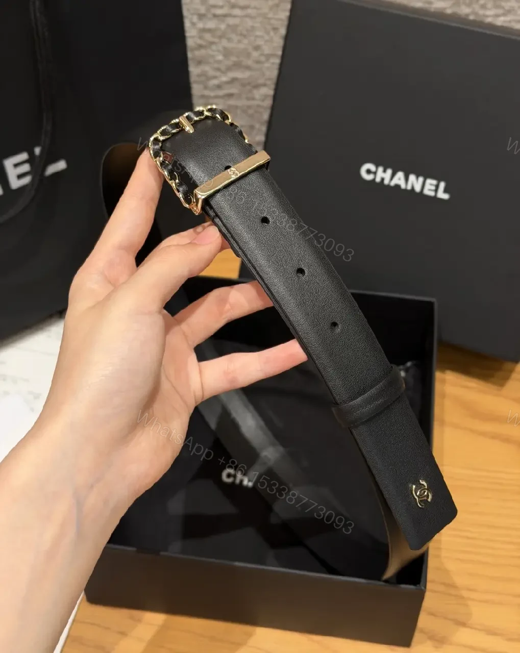 View 10 of Black Leather Belt Leather Luxury/Sleek Chain-Linked Buckle Accent Belt
