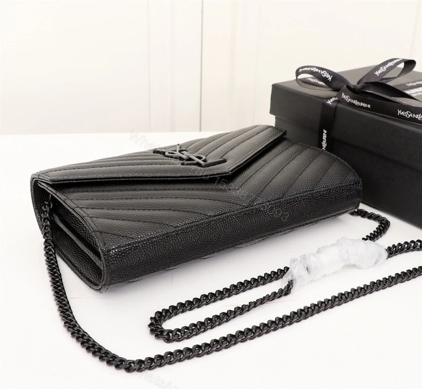 View 4 of Saint Laurent Cassandre Matelassé Chain Wallet In Grain De Poudre Embossed Black Noir 22Cm