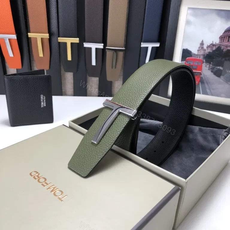 View 6 of Olive Pebbled Leather Belt â€” Bold Gold Buckle, Tom Ford