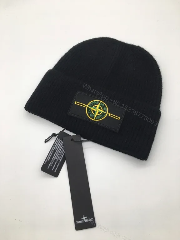 View 3 of Navy Stone Island Knit Beanie â€” Signature Patch, Warmth