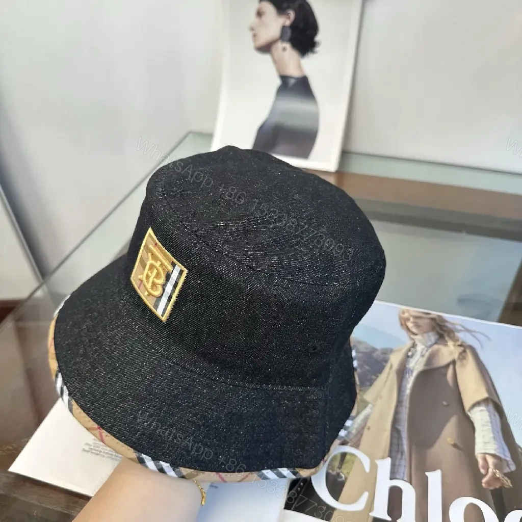 View 4 of Dark Black Denim Bucket Hat with Burberry-Style Band and Gold Emblem