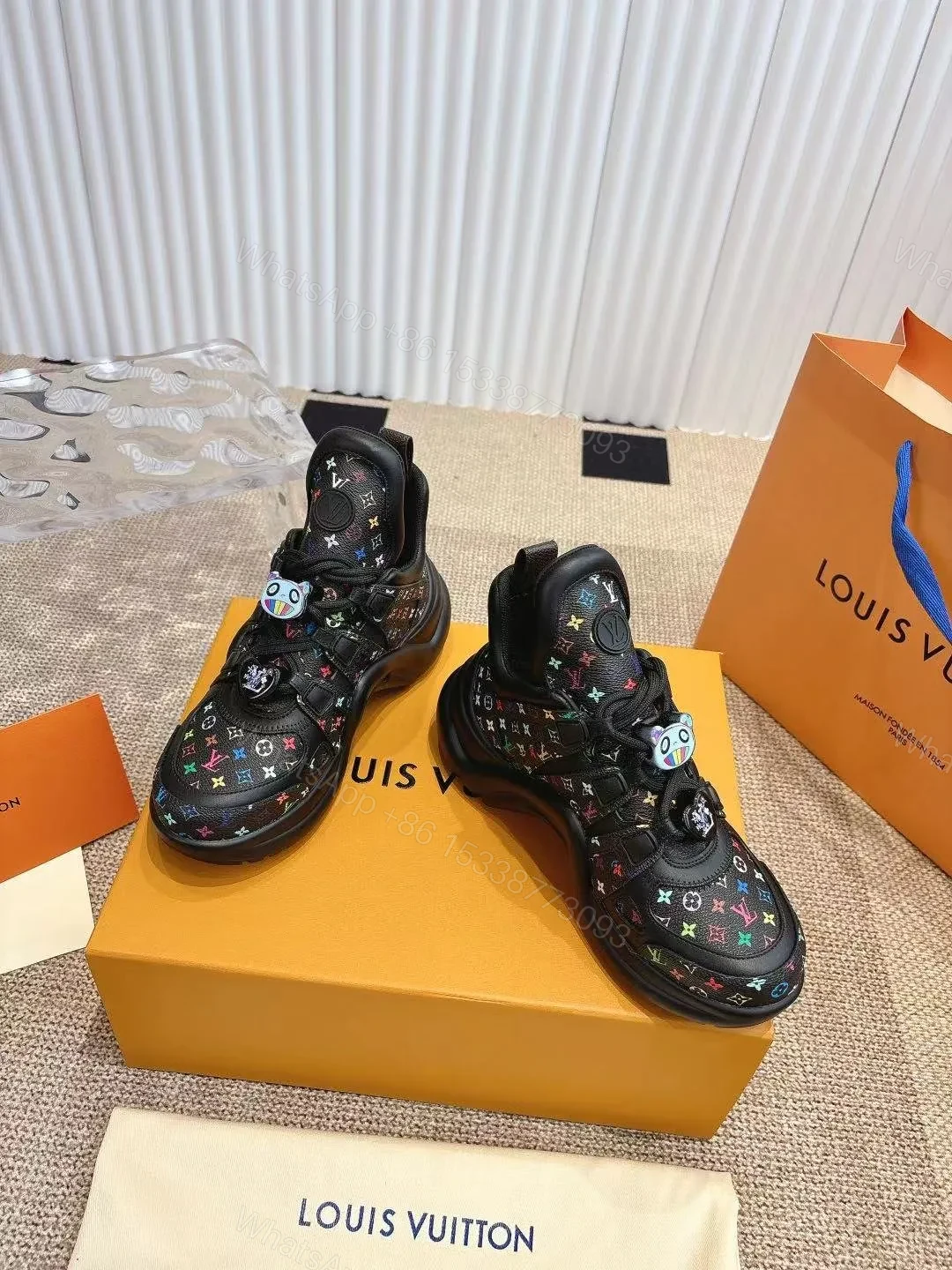LV Women Black Leather Multicolor Logo Sneakers — view 1