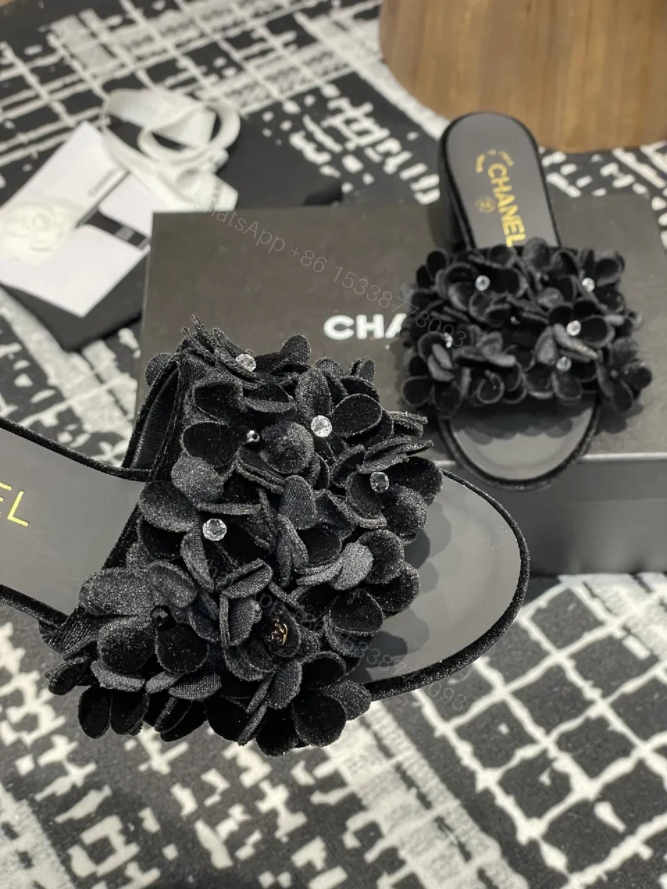 View 2 of Velvet Petal Slip-Ons: Black Crystal-Embellished Slides