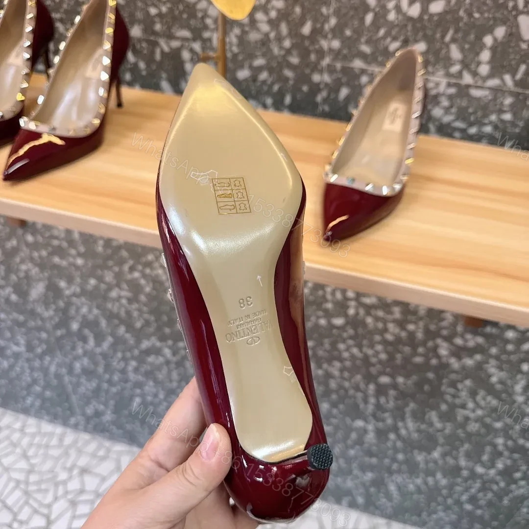 View 5 of Valentino Women Burgundy Patent Leather Studded Pumps