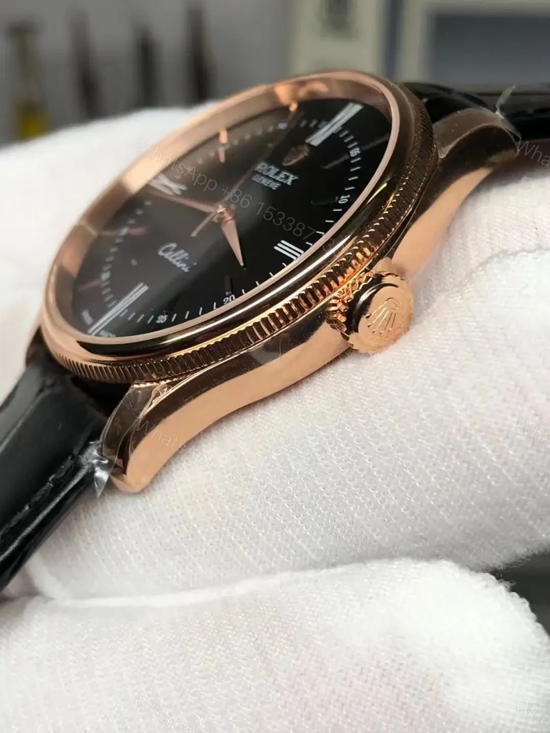 View 5 of Rolex Cellini Time 50505 39mm Everose Black Dial Black Alligator Strap Watch 50505-0009