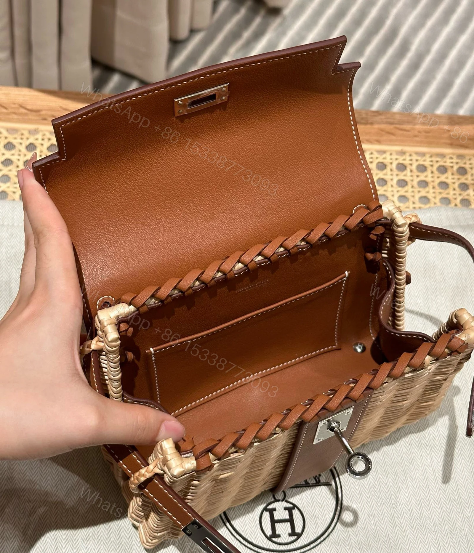 View 4 of KELLY PICNIC HANDBAG IN BROWN & NATURAL LEATHER AND WICKER SILVER HARDWARE