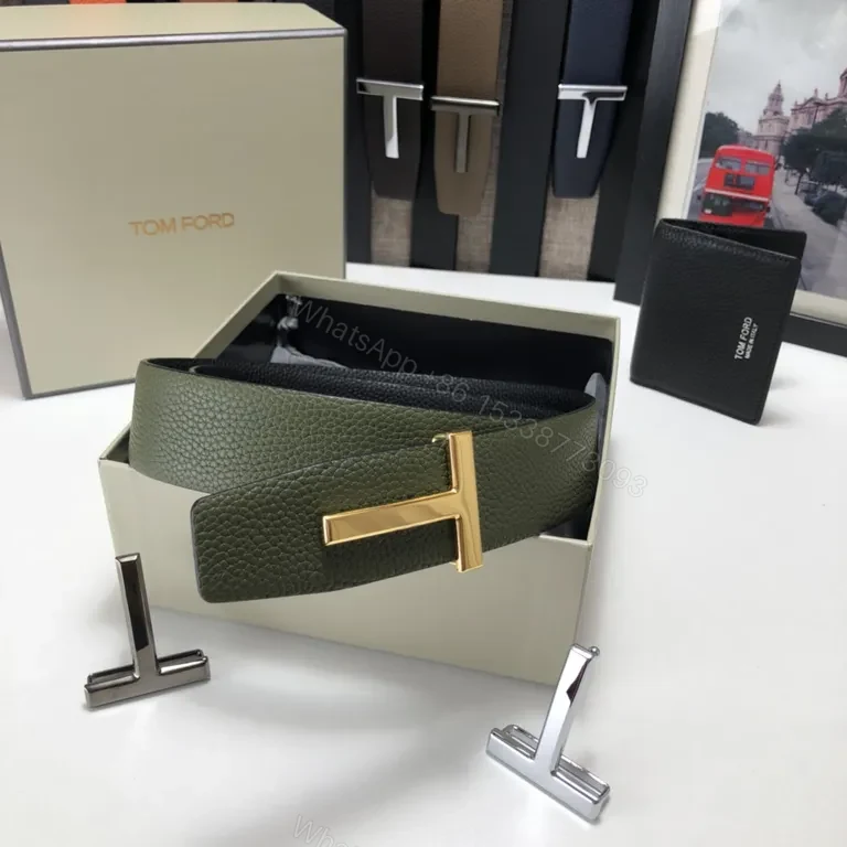 View 9 of Olive Pebbled Leather Belt â€” Bold Gold Buckle, Tom Ford