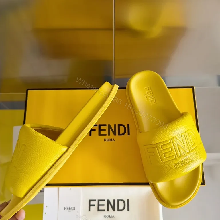 View 4 of Yellow Leather Slip-On Sandals by Fendi Roma + Contoured Comfort