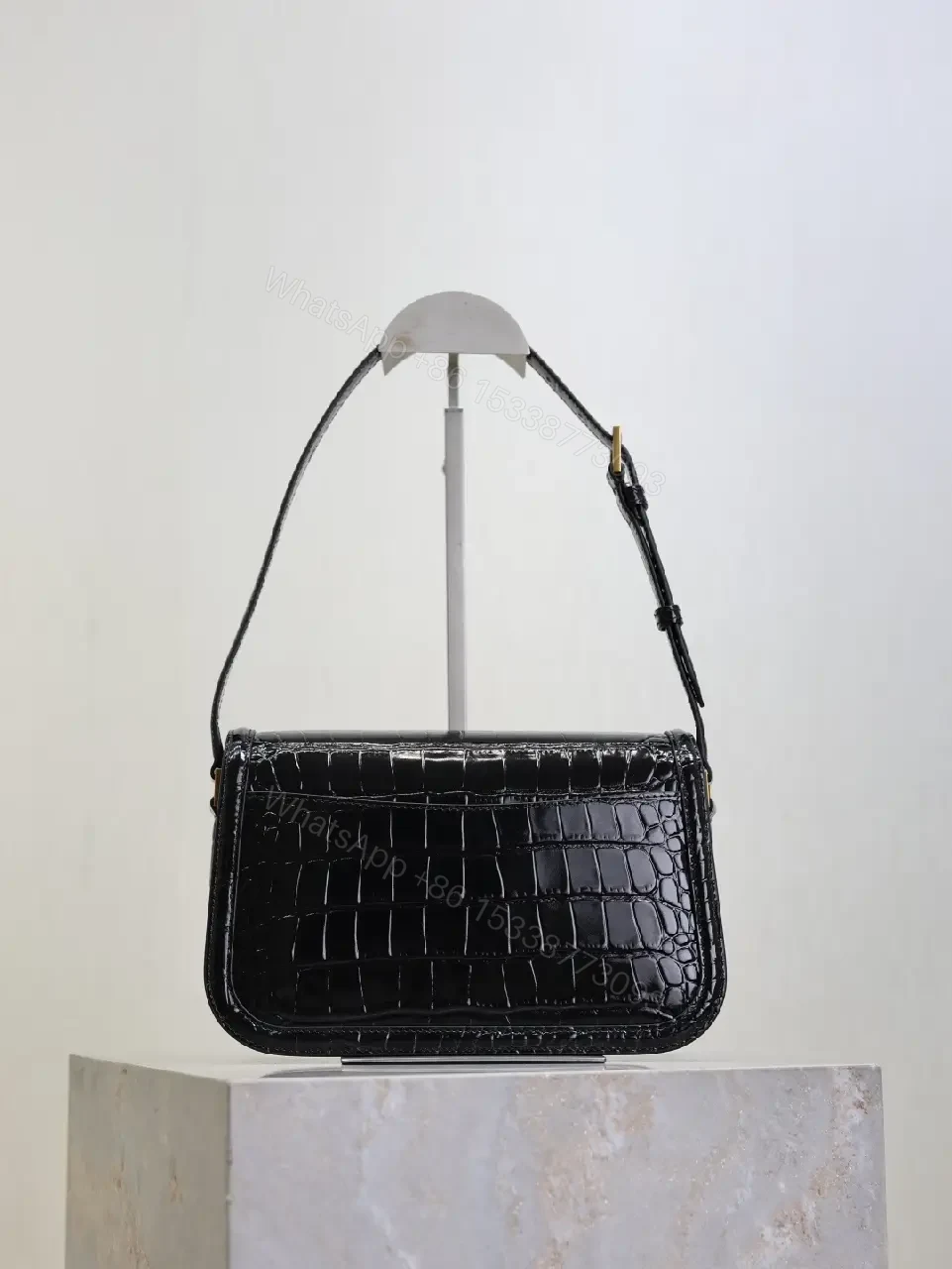 View 9 of Crocodile-Texture Leather Shoulder Bag with Gold Hardware