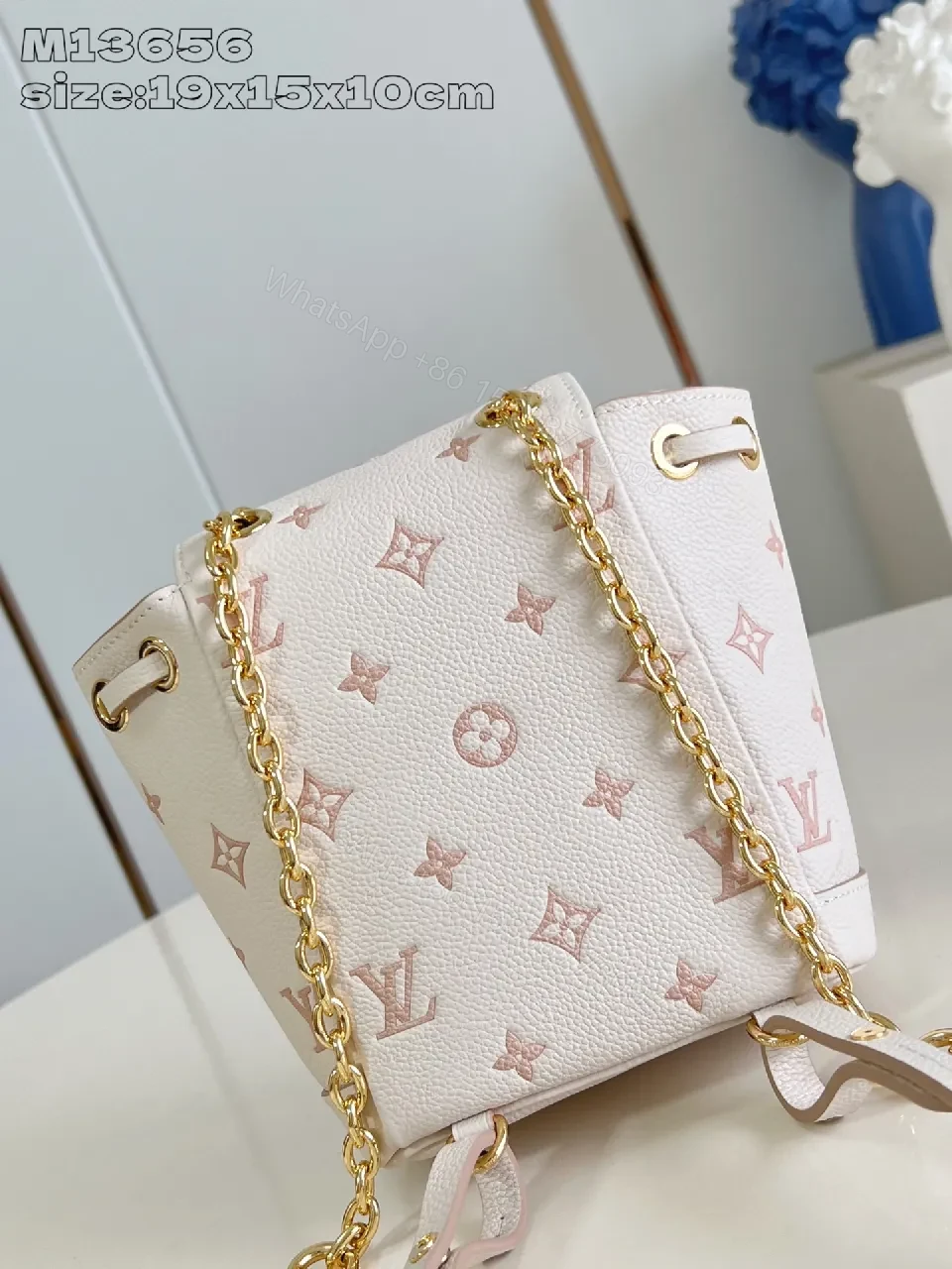 View 6 of Soft Pink Monogram Bucket Bag - Textured Leather, Gold Hardware, Elegant