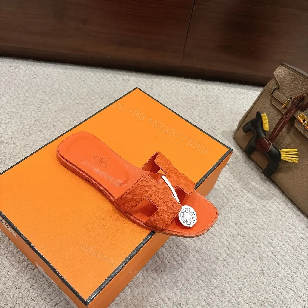 View 3 of Orange Leather Minimalist Slide Sandals - All-Day Comfort