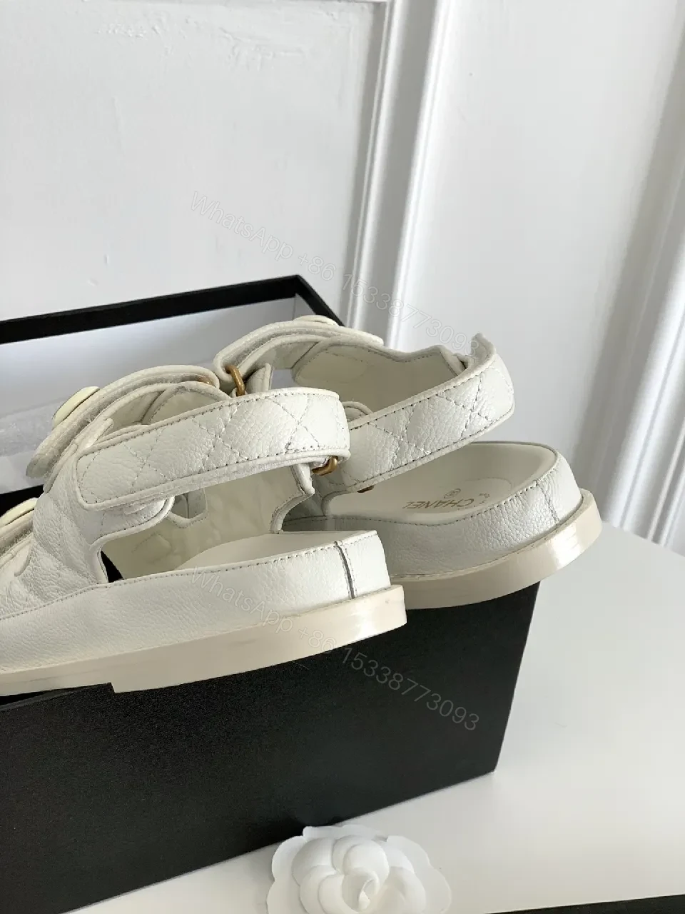 View 2 of White Quilted Sandals with Gold Emblem – Luxe Comfort Sandals