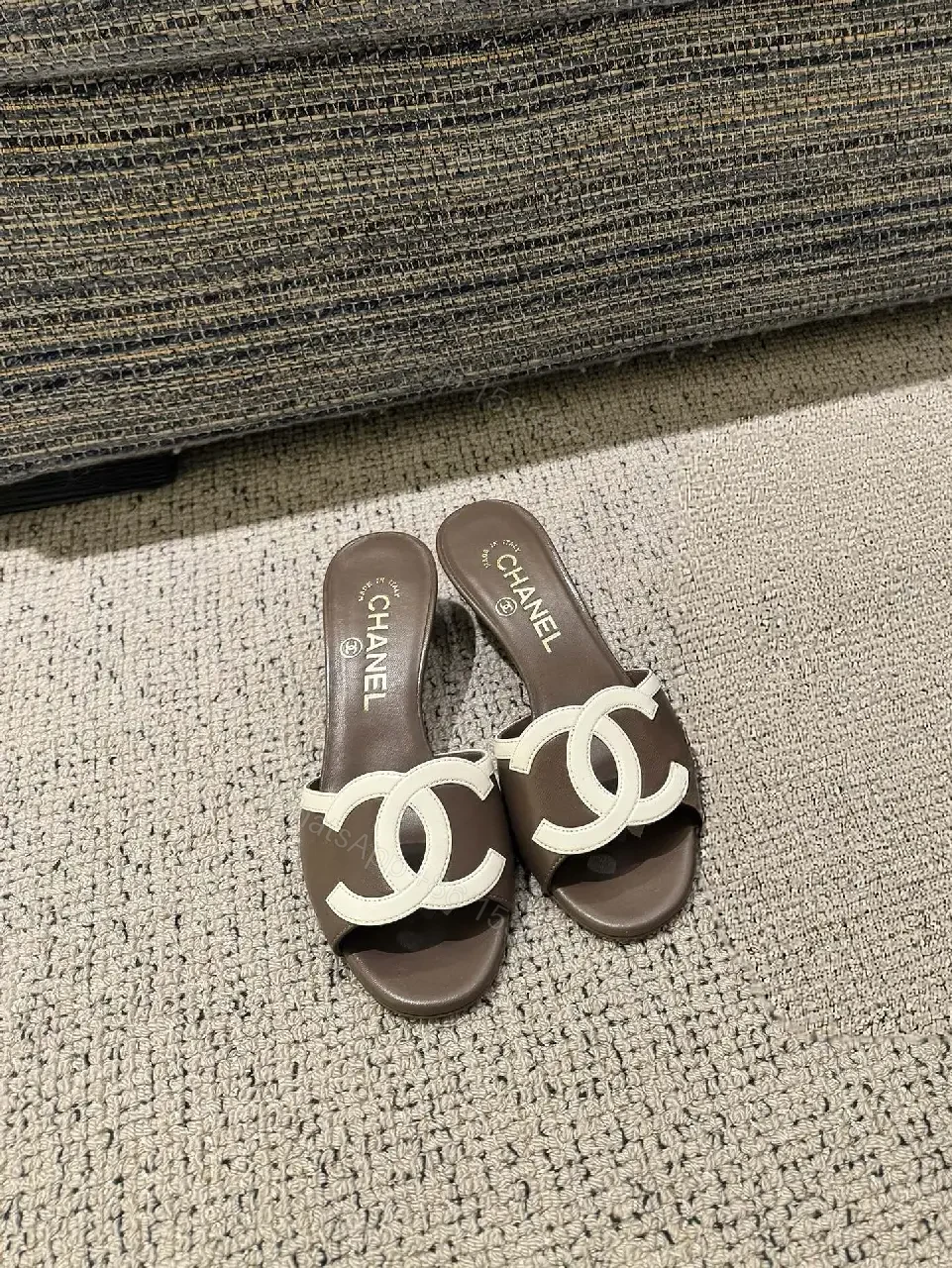 View 3 of Brown Leather Slides White Logo Interlock Chanel Sliders