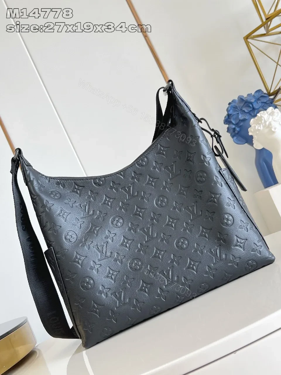 View 5 of Textured Leather Everyday Carry Bag: Minimalist Leather, Crossbody Style, Monogram Texture, 2 Front Pockets, Durable Sizing
