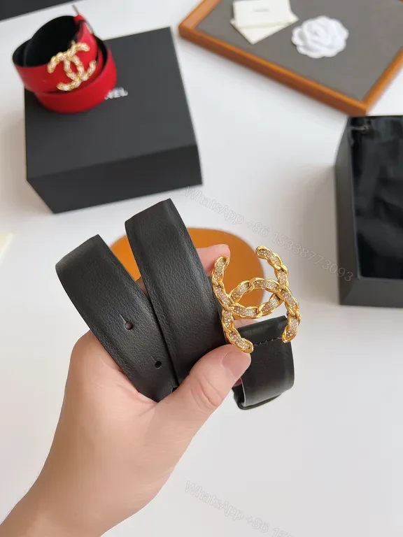 View 6 of Chanel-Style Leather Belt with Gold Logo Clasp
