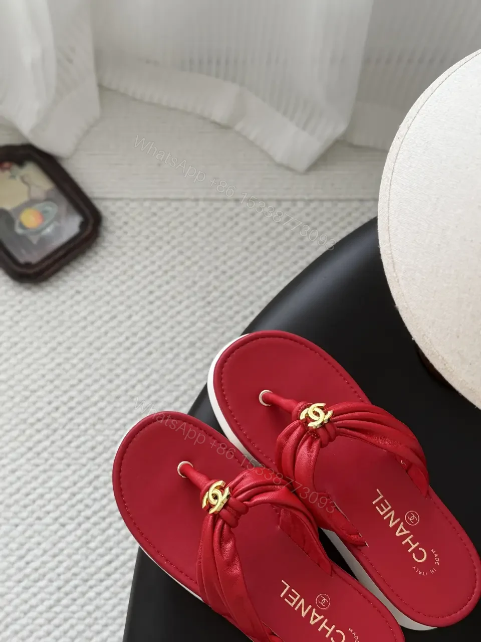 View 6 of Red Satin Flip-Flops with Gold Chanel Logo Student Style Sandals