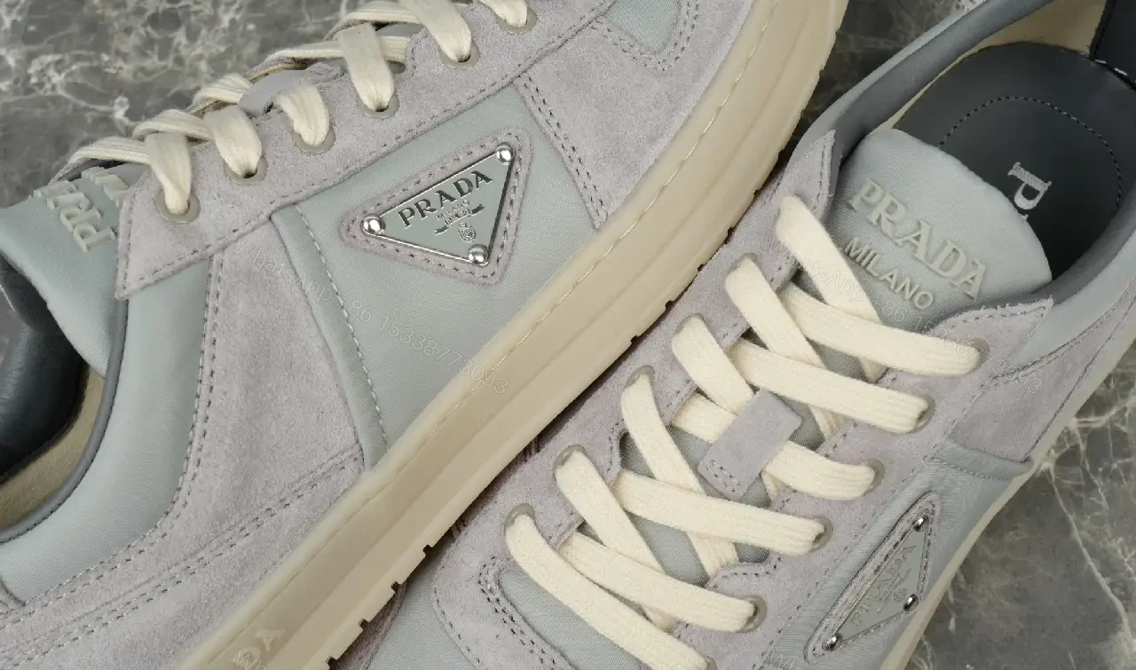View 4 of White Leather Suede Low-Top Sneaker with Prada Logo Cardboard Mountain Crest