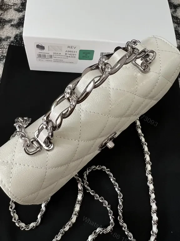 View 3 of Chanel-Inspired Quilted White Flap Crossbody Bag with Silver Chain