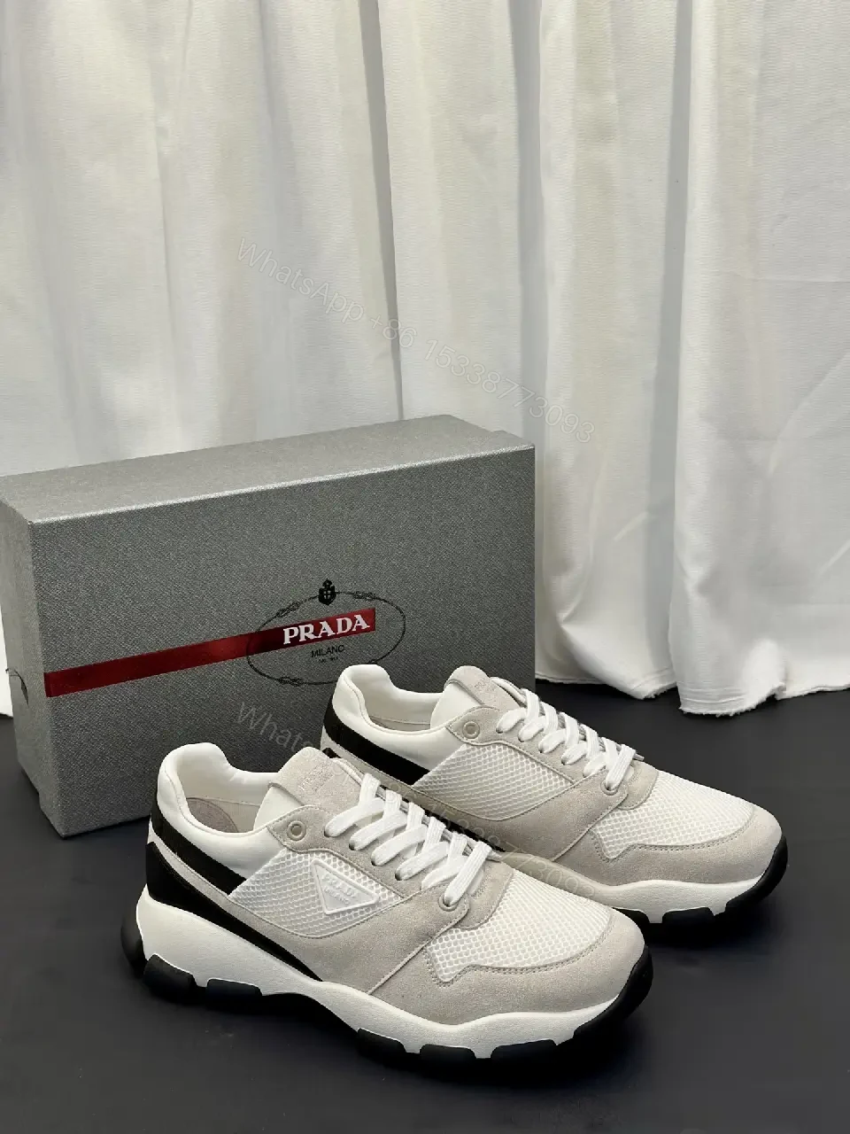 View 10 of Beige Leather Mesh Runner Sneaker with Black Accent, Prada Style