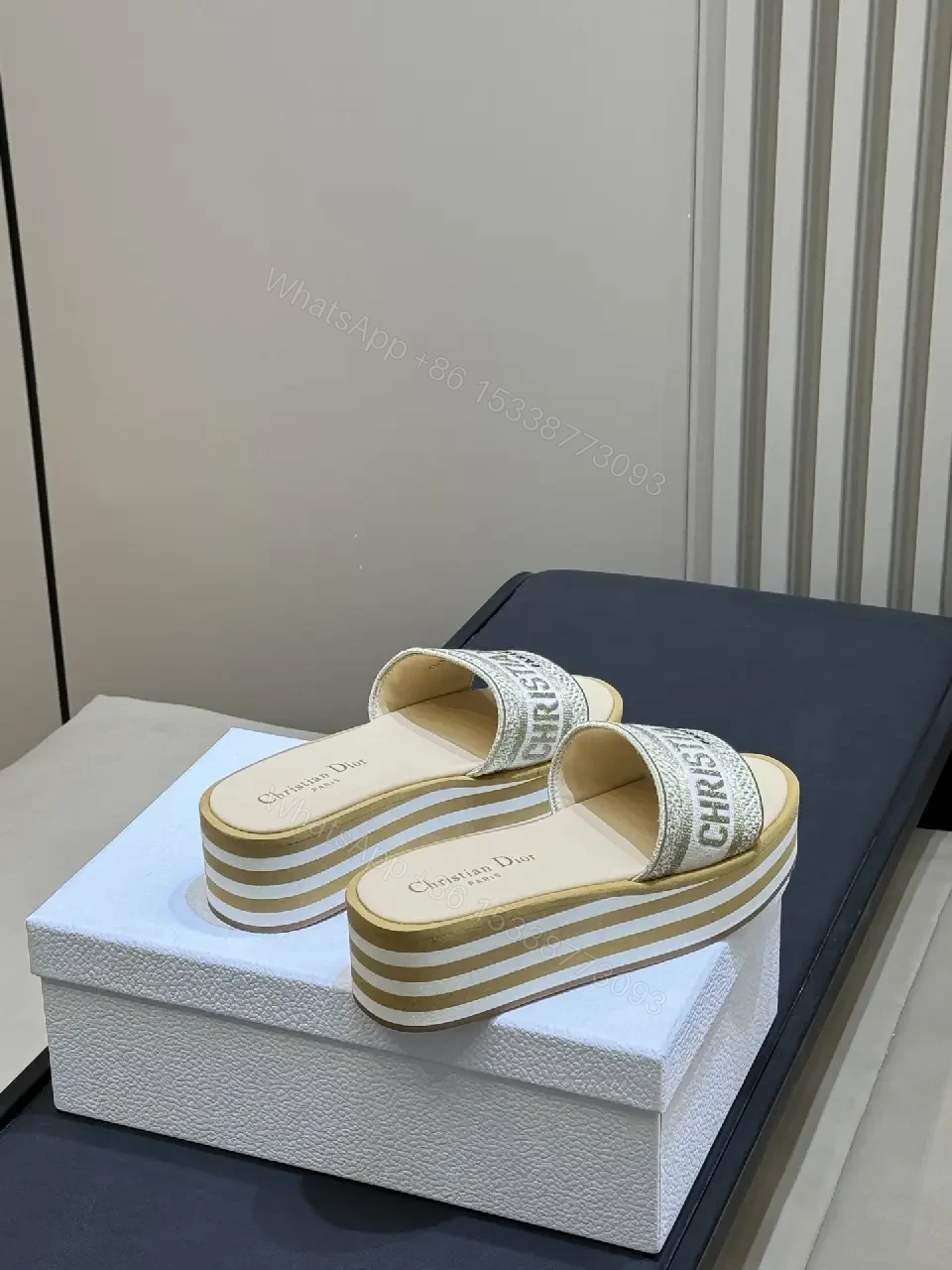 View 4 of Textured Dior-Inspired Knit Slide with Logo Strap