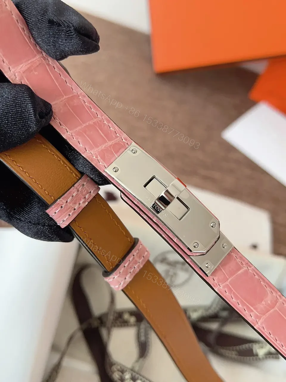 View 6 of Light Pink Croc-Embossed Leather Double-Strap Watch Band