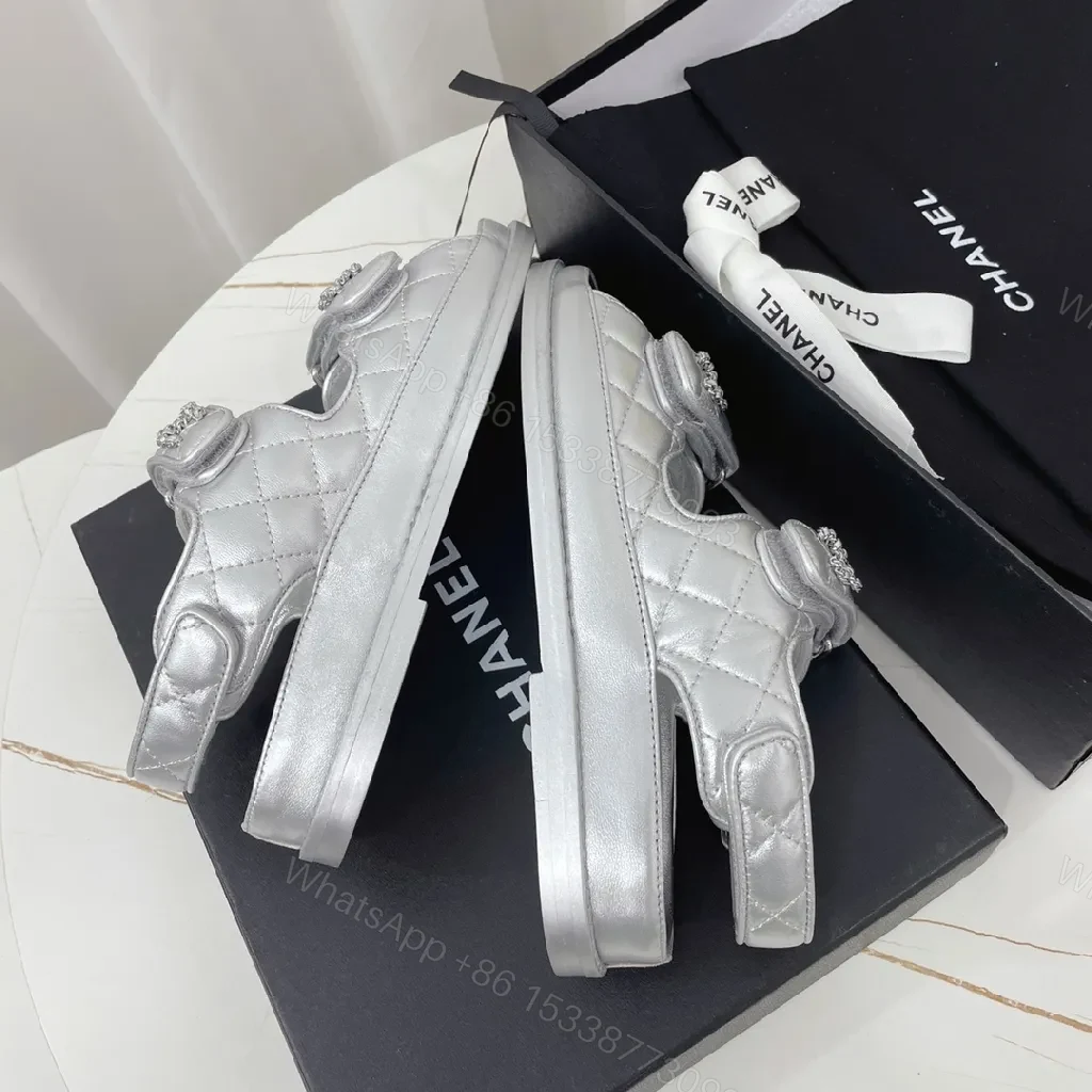 View 3 of Shimmer Silver Quilted Slides: Luxury Streetwear Sandals