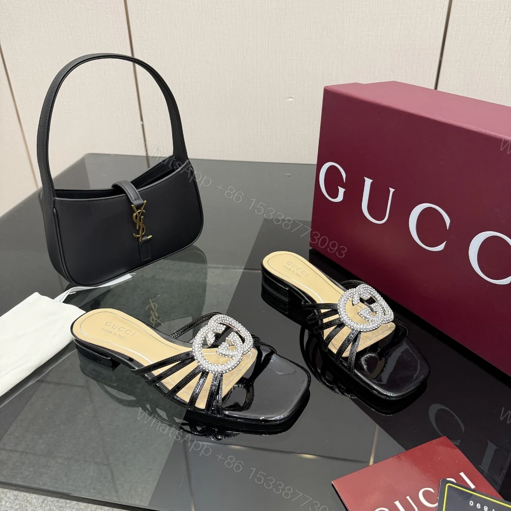 View 4 of Gucci Women Slide With Crystal Interlocking G Black