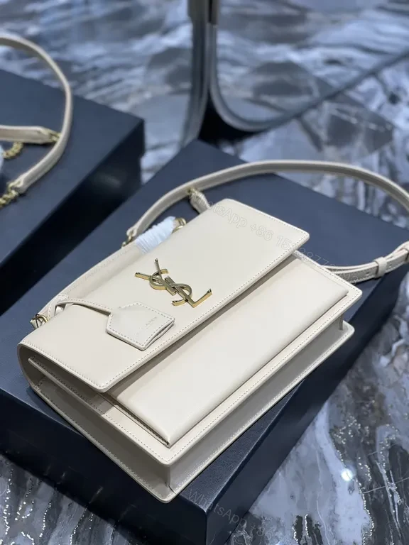 View 3 of Beige Leather Handbag â€“ Structured YSL Monogram, Top-Handle