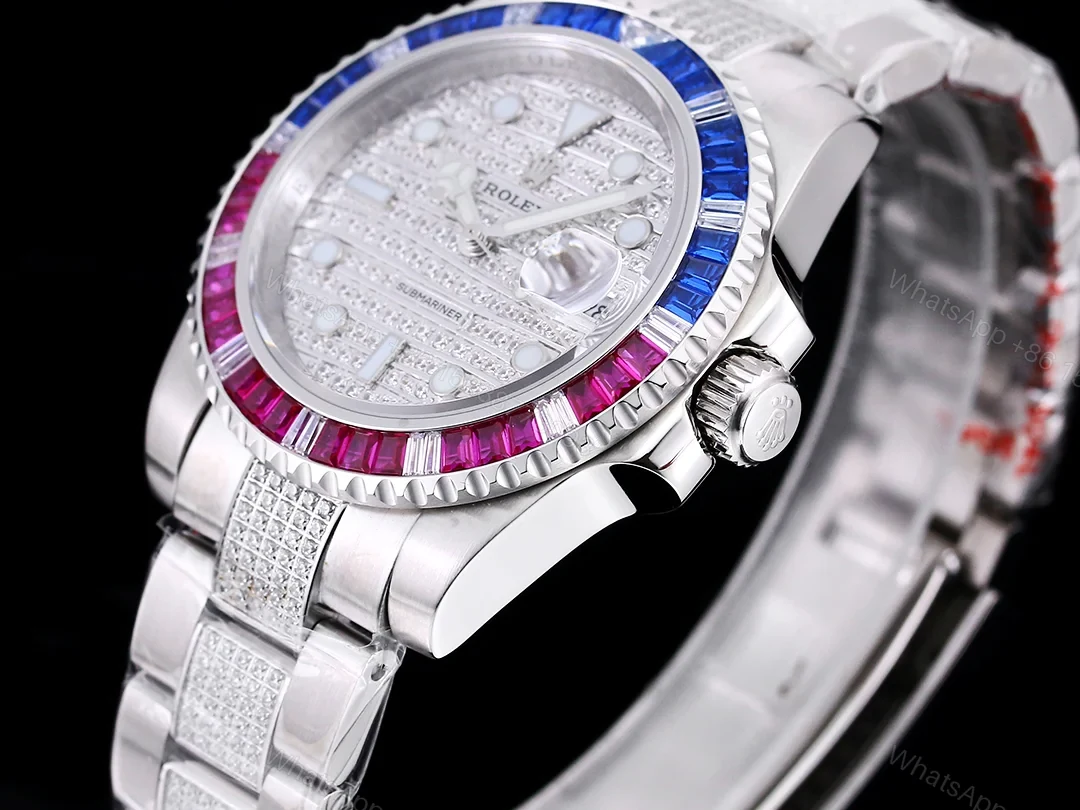 View 7 of Rolex Submariner Rainbow Diamond Replica 42MM Premium Meteorite Dial Pavé Oyster Bracelet RG-ROLEX-SUB-RAINBOW-DIAMOND-42