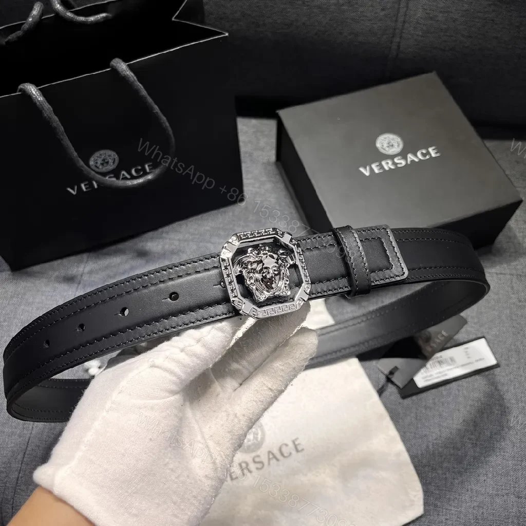 View 4 of Bold Black Leather Belt with Medusa Buckle - Crystalline Edge Accessory