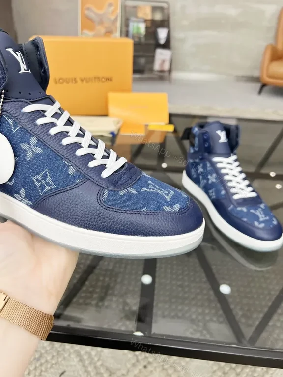 View 6 of Blue Denim High-Top Sneakers with Imitation LV Logo