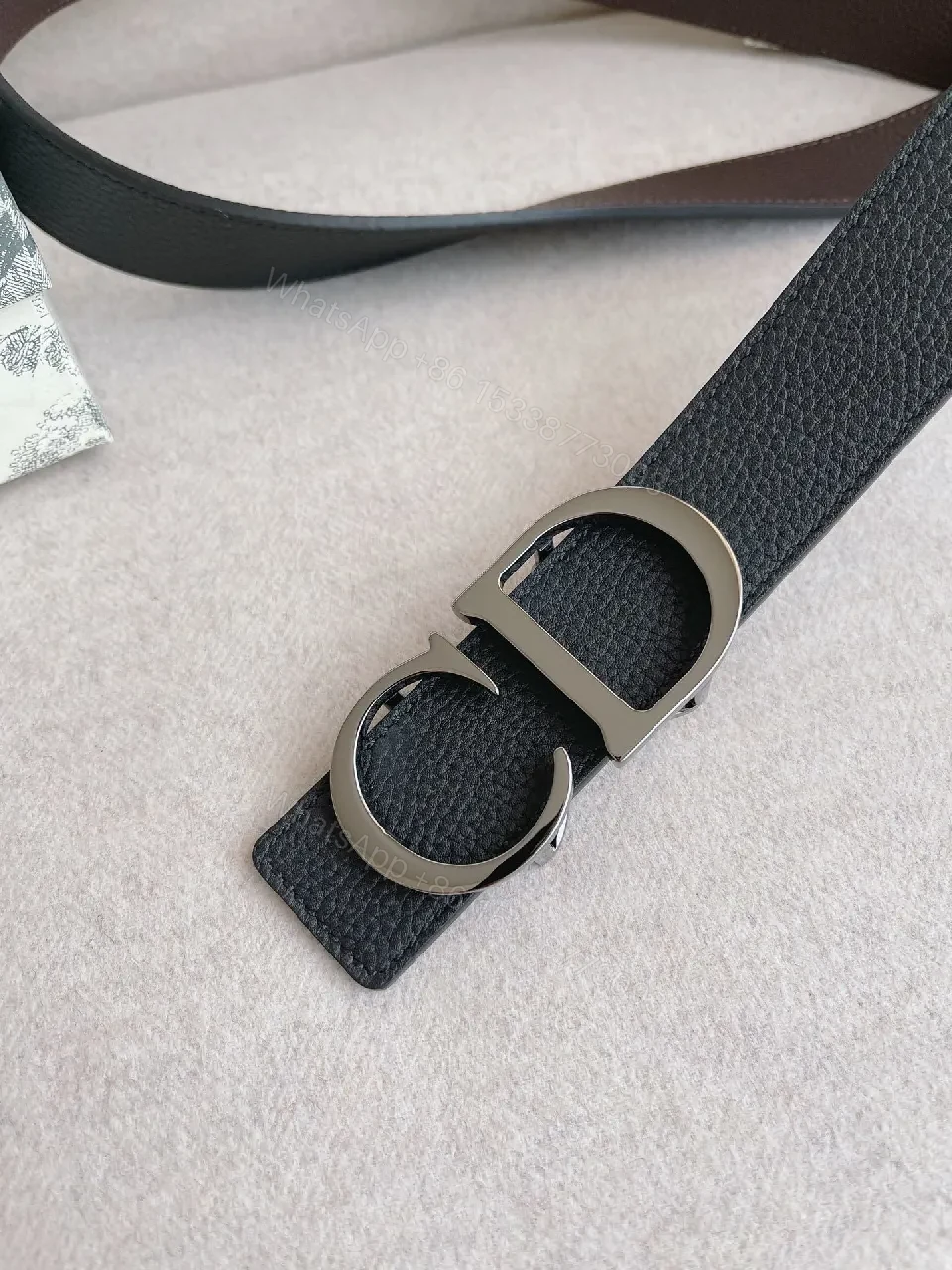 View 5 of Black Leather Belt, Double-Hardware Buckle, Slim Style Belt