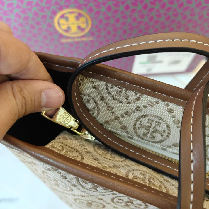 View 3 of First Copy Tory Burch T Monogram Large Zip Tote Bag Biege