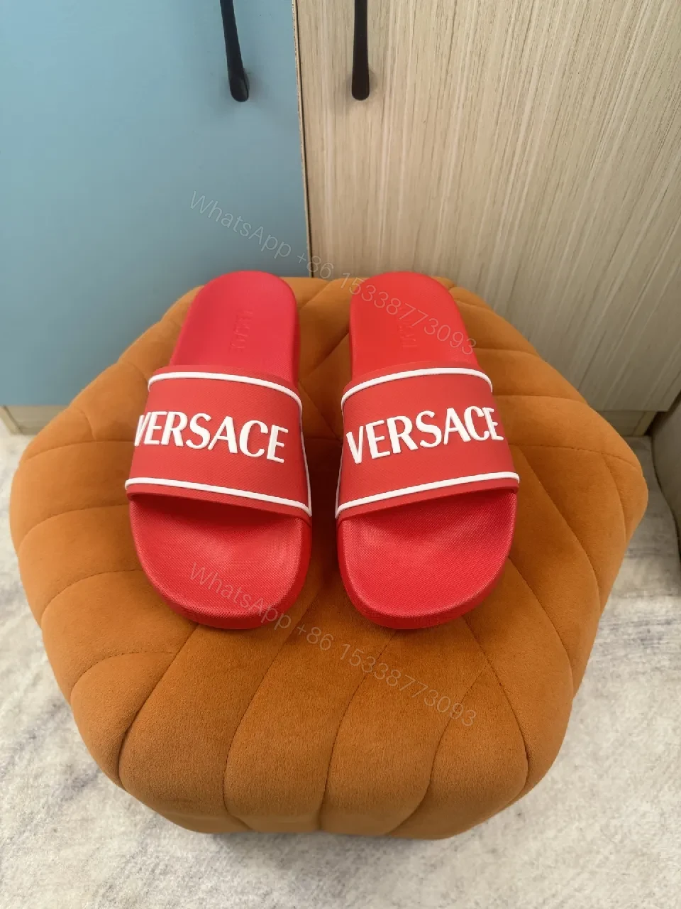 View 4 of Bold Red Luxury Slide with Signature Versaace Stride