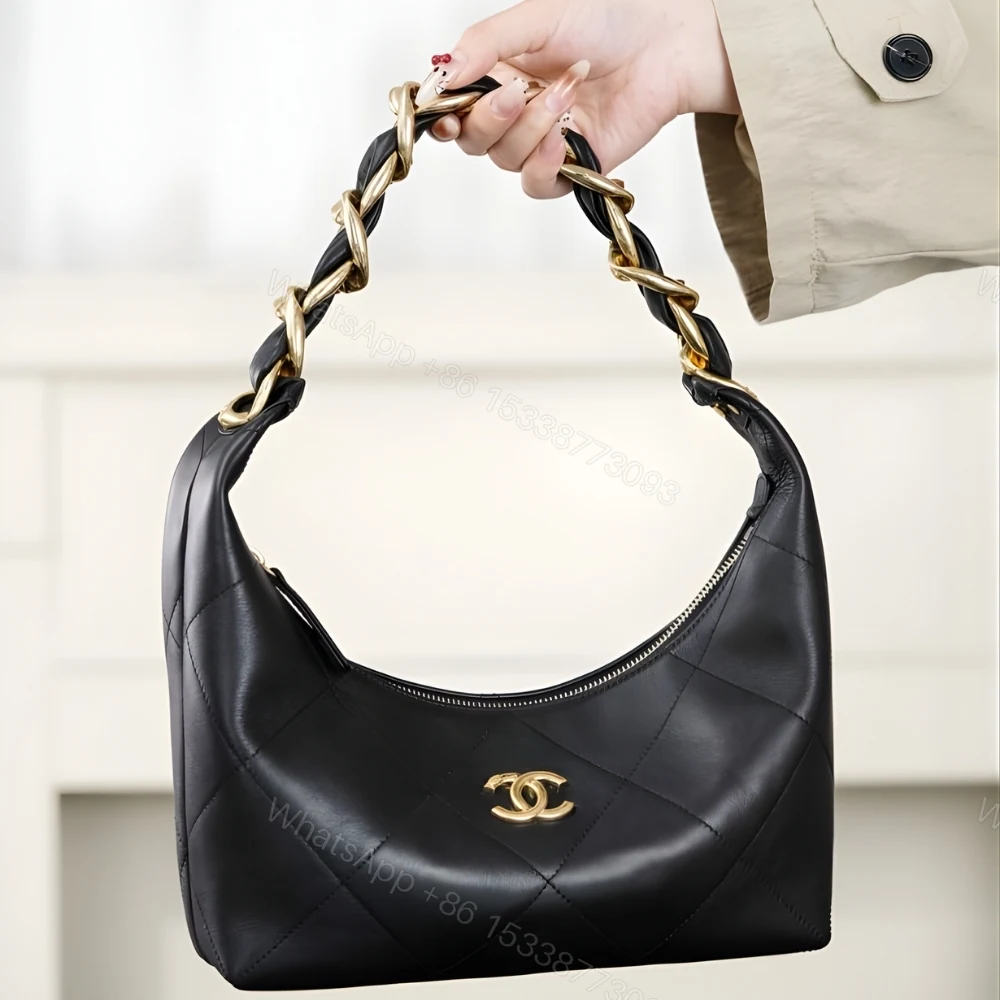 View 6 of Chanel Hobo Handbag Shiny And Gold Tone Metal Black 24Cm