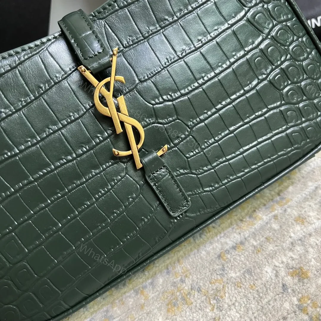 View 5 of SAINT LAURENT Le 5 À 7 Green Crocodile-effect Leather Shoulder Bag In Dark Green