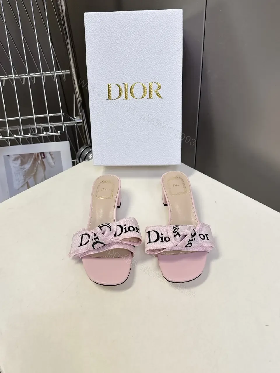 View 7 of Pink Leather Slide Sandals Dior Ribbon Bow Modern Glam Comfort Block Heel Sandal