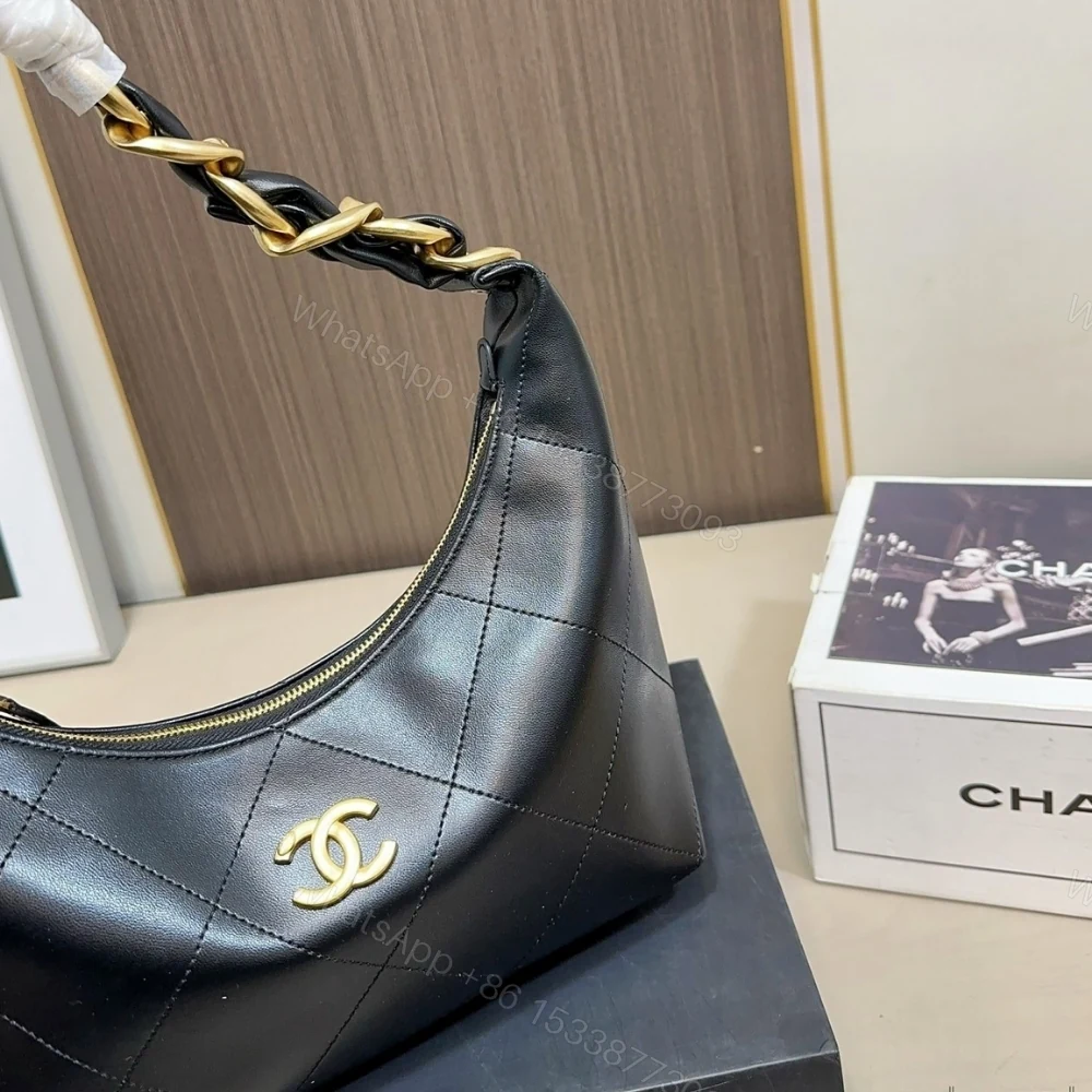 View 3 of Chanel Hobo Handbag Shiny And Gold Tone Metal Black 24Cm