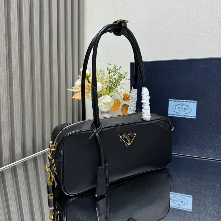 View 7 of Prada Compact Satchel: Leather, Black, Gold Hardware