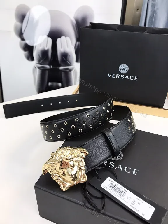 View 7 of Black Leather Belt with Gold Medusa Buckle - Versace Luxury Accessory