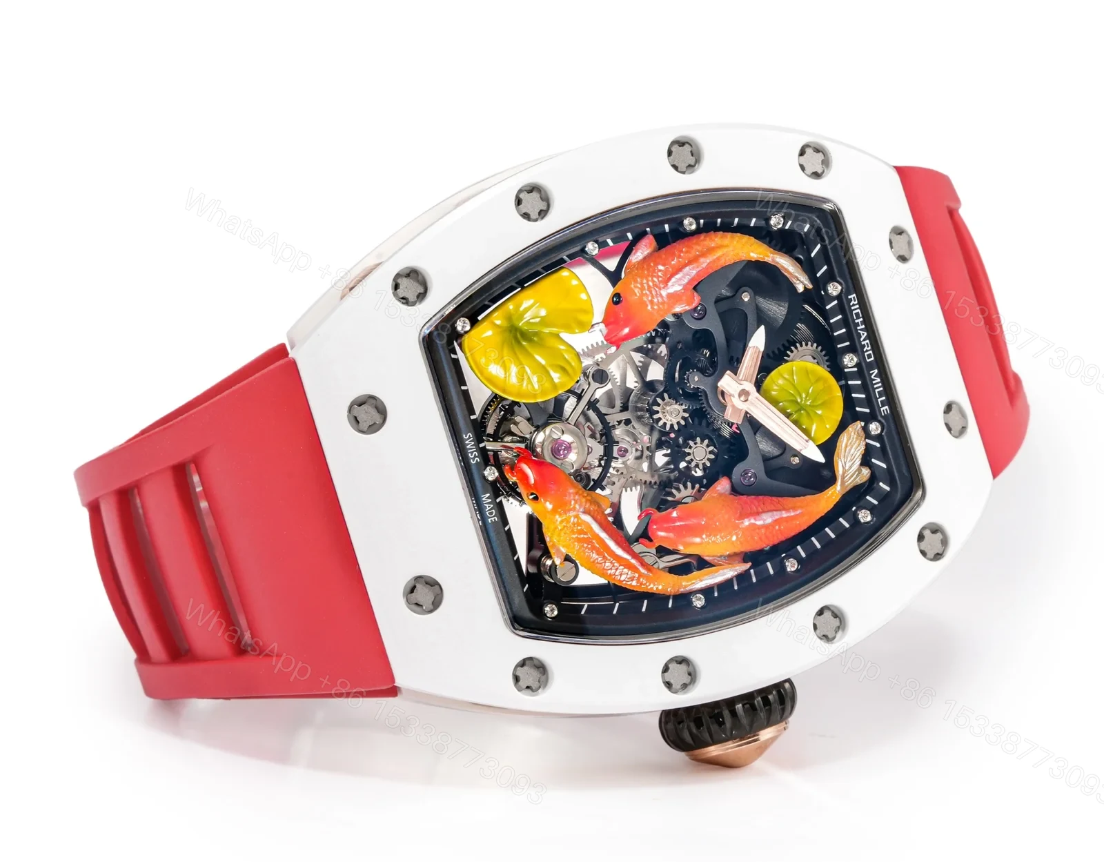 View 5 of Richard Mille RM S10 Koi Tourbillon Watch Red Strap Colorful Koi Art Dial Red Gold Diamond Decoration Flying Tourbillon Mechanical Edition RM-S10-KOI-RDS-ART