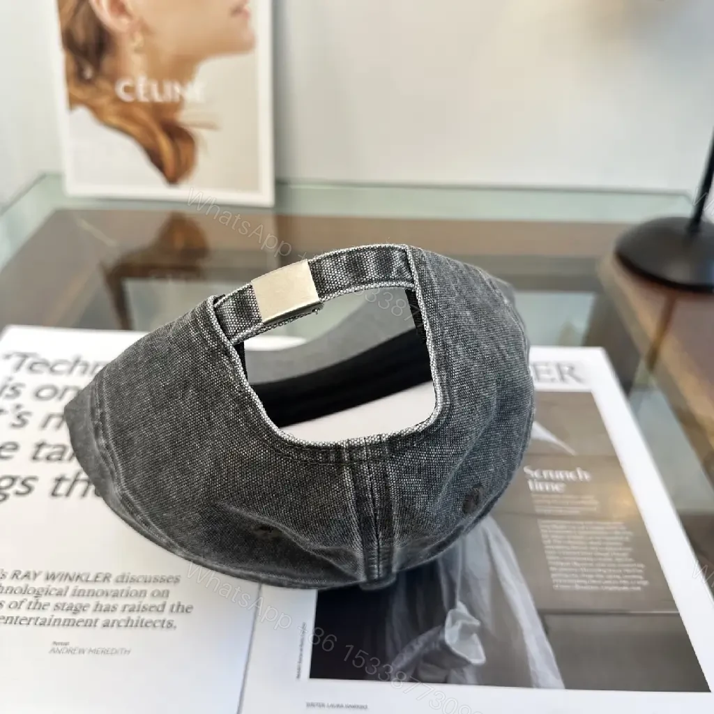 View 3 of Washed Dark Gray Denim Cap, Curved Brim, Distressed Texture, Prada Patch